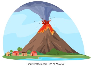 Explosión de volcán. Un desastre natural de naturaleza destructiva a Grande escala. Destrucción del hábitat humano. Ilustración vectorial