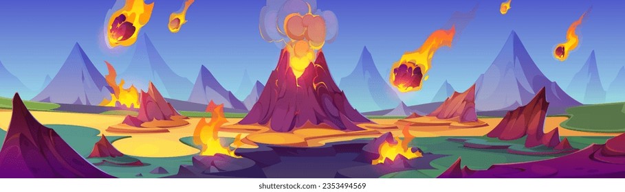 Volcano fire lava eruption cartoon illustration. Volcanic magma explosion with asteroid rain on ancient landscape background. Hot extinction land for prehistory adventure game drawing design