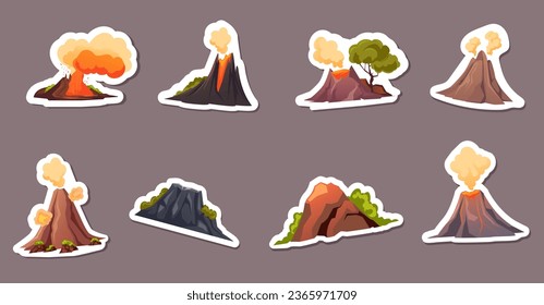 Volcano fire mountain sky nature stickers isolated set. Vector graphic design illustration
