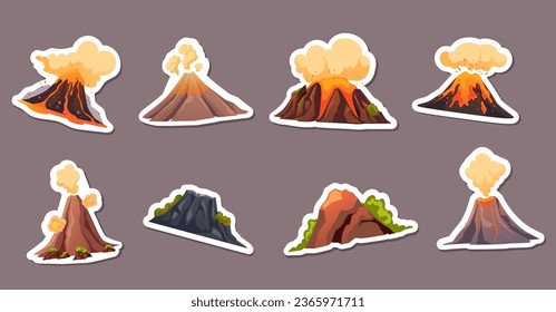 Volcano fire mountain sky nature stickers isolated set. Vector graphic design illustration
