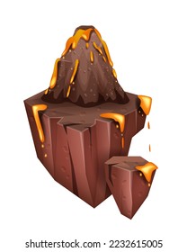 Volcano game island icon, vector active erupt process, cartoon arcade level platform, hot lava. Volcanic explosion scene, fantasy hell crater, brown dry rock ground. Volcano island environment concept