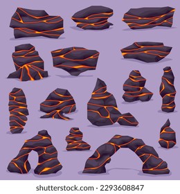 Volcano ground rock stone with lava in cracks. Lava rock with crack. Vector illustration set EPS10.