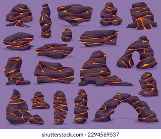 Volcano ground rock stone with lava in cracks. Lava rock with crack. Vector illustration set EPS10.