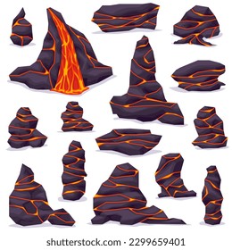 Volcano ground rock stone with lava in cracks. Lava rock with crack. Vector illustration set EPS10.