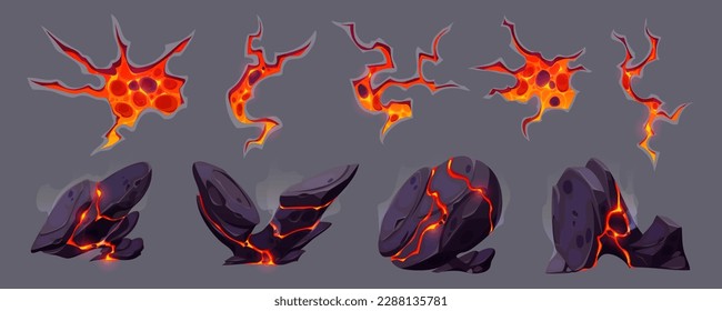 Volcano ground texture with lava in cracks and broken stones. Volcanic rocks with light effect in fissures and land surface breaks with hot magma, vector cartoon illustration