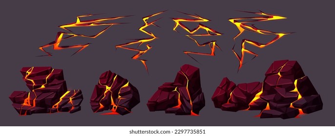 Volcano ground texture with lava in cracks and broken stones. Volcanic rocks with light effect in fissures and land surface breaks with hot magma, vector cartoon illustration