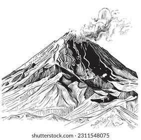 Volcano hand drawn sketch in doodle style illustration