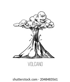 Volcano Hand Drawn Sketch Illustration. Vector Outline