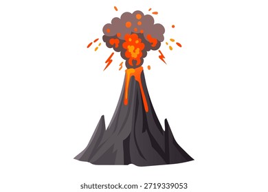 Volcano with high bright eruption and flying hot sparks, dark grey mountain and orange liquid magma, professional flat cartoon style, isolated on white background, nature disaster. Vector illustration.