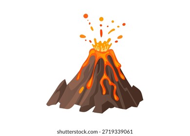 Volcán con alto chapoteo de lava líquida caliente y chispas de magma, montaña de roca marrón y fuego naranja, estilo de dibujos animados planos profesionales, aislados sobre fondo blanco, geología de la naturaleza. Ilustración vectorial.