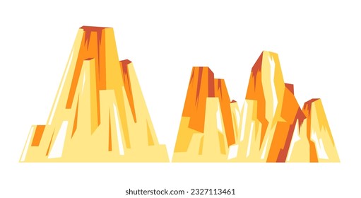 Volcano with high summit peak or mountains range. Isolated rocks and cliffs, nature landscape icon. Wilderness and natural formation, the elevation of park. Vector in flat style illustration