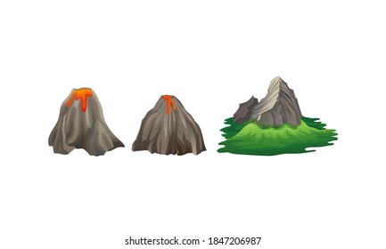 Volcano with Hot Lava and Rocky Mountain Vector Set