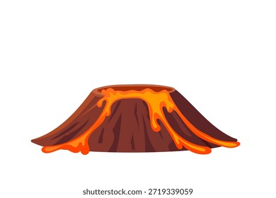 Vulkan mit heißer flüssiger Lava, dunkelbrauner Berg und leuchtend orangefarbenem Magma, professioneller flacher Cartoon-Stil, einzeln auf weißem Hintergrund, Geologie-Naturkatastrophe. Vektorgrafik.