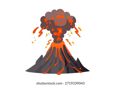 Volcán con enorme nube de humo y salpicaduras de lava brillante, montaña gris oscuro y magma líquido naranja, estilo de dibujos animados planos profesionales, aislados sobre fondo blanco, geología de la naturaleza. Ilustración vectorial.