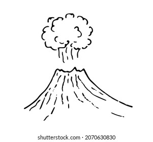 the volcano icon with a cloud of steam. A sketch-style mountain with a hole and a cloud on top, side view, isolated black outline on a white background for a design template