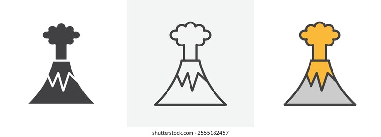 Volcano icon collection in black and colored style.