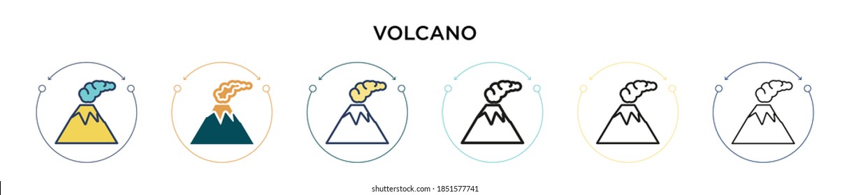 Volcano Icon in gefüllt, dünne Linie, Umriss und Strich Stil. Vektorgrafik von zwei farbigen und schwarzen Vektorgrafiken-Designs von Vulkanen kann für mobile, ui, web-basierte