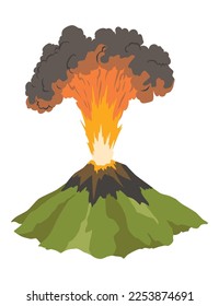 Volcano icon. Magma nature blowing up with smoke. An awakened vulcan activity fire and smoke element. Volcano eruption. Flat cartoon vector isolated illustration