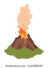 Volcano icon. Magma nature blowing up with smoke. An awakened vulcan activity fire and smoke element. Volcano eruption. Flat cartoon vector isolated illustration