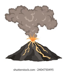 Volcano icon. Magma nature blowing up with smoke. An awakened vulcan activity fire and smoke element. Volcano eruption. Flat cartoon vector isolated illustration