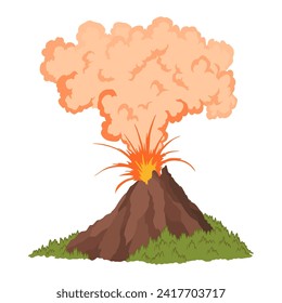 Volcano icon. Magma nature blowing up with smoke. An awakened vulcan activity fire and smoke element. Volcano eruption. Flat cartoon vector isolated illustration