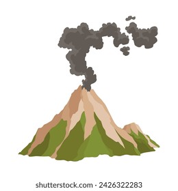 Volcano icon. Magma nature blowing up with smoke. An awakened vulcan activity, smoke element. Volcano eruption. Flat cartoon vector isolated illustration