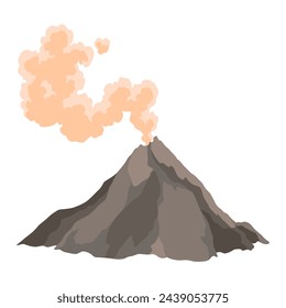 Volcano icon. Magma nature blowing up with smoke. An awakened vulcan activity, smoke element. Volcano eruption. Flat cartoon vector isolated illustration