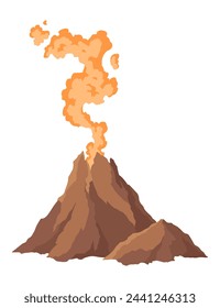 Volcano icon. Magma nature blowing up with smoke. An awakened vulcan activity fire and smoke element. Volcano eruption. Flat cartoon vector isolated illustration