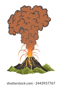 Volcano icon. Magma nature blowing up with smoke. An awakened vulcan activity fire and smoke element. Volcano eruption. Flat cartoon vector isolated illustration