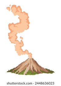 Icono del volcán. La naturaleza del magma explotando con humo. Un elemento de fuego y humo de actividad vulcana despertado. Erupción volcánica. Ilustración aislada de Vector plano de dibujos animados