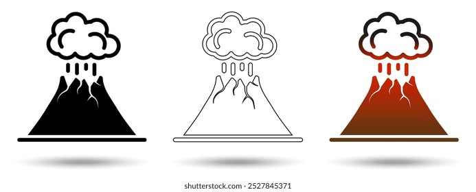 Volcano icon. Volcano icon on a white background, isolated. The icon has three uses in applications and websites. Vector illustration. Volcano icon on a white background.
