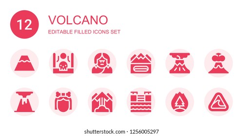 volcano icon set. Collection of 12 filled volcano icons included Volcano, Drought, Troglodyte, Earthquake, Avalanche, Tsunami, Forest fire