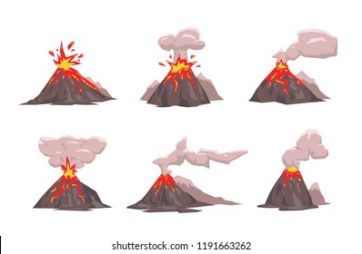 Volcano Icon Set. Colorful flat vector illustration. Isolated on white background.