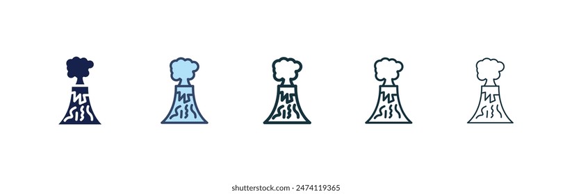 Volcano icon set. volcanic mountain hill vector symbol. magma rock volcano sign in black filled and outlined style.