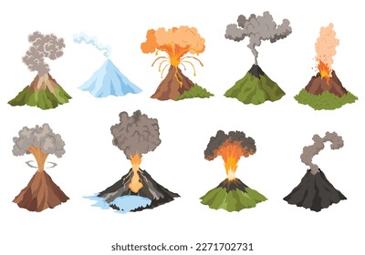 Volcano icons. Magma nature blowing up with smoke. An awakened vulcan activity fire and smoke elements. Volcano eruption set. Flat cartoon vector isolated illustration