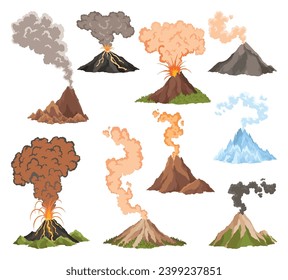 Volcano icons. Magma nature blowing up with smoke. An awakened vulcan activity fire and smoke elements. Volcano eruption set. Flat cartoon vector isolated illustration