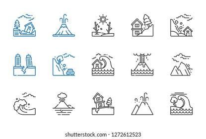 volcano icons set. Collection of volcano with tsunami, eruption, landslide, avalanche, earthquake, drought. Editable and scalable volcano icons.