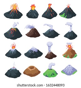 Volcano icons set. Isometric set of volcano vector icons for web design isolated on white background