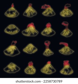 Volcano icons set. Isometric set of volcano vector icons neon on black isolated