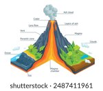 Volcano infographic. Volcanic eruption 3d isometric cross section structure, earth crust subduction lava magma crater geology diagram shield volcanoes ingenious vector illustration