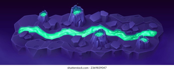 Volcano island map for game level navigation. Vector cartoon illustration of land piece with neon green river, night mountains with toxic lava in craters, fantasy prehistoric landscape, mobile app ui