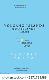 Vulkaninseln, oder Iwo Islands, drei Vulkaninseln Japans, politische Landkarte. Kazan Retto mit Iwo Jima, und mit Kita und Minami Iwo Jima, im Pazifik, und einem Teil der Nanpo-Inseln.