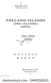 Volcano Islands, also known as Iwo Islands, gray political map. Three volcanic islands of Japan, located in the Pacific Ocean, and part of the Nanpo Islands. Iwo Jima, North and South Iwo Jima. Vector