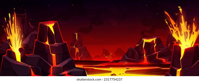 Volcano lava burst cartoon hell vector background. Fantasy hot volcanic magma eruption and exploding with smoke infernal wallpaper. Dark apocalypse scene with molten fire and burning splash flow