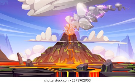 Caricatura vectorial de la erupción volcánica volcánica. Escena volcánica del paisaje prehistórico de montaña con roca, nube de humo y magma. apocalipsis natural con explosión vulcana en el pasado del entorno histórico