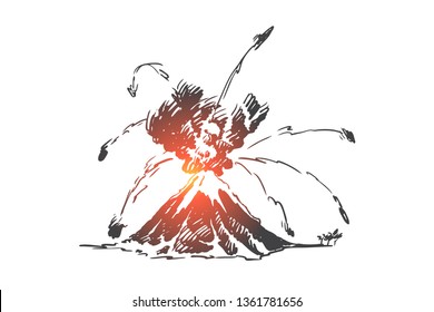 Volcano, lava, eruption, mountain, ash concept. Hand drawn mountain eruption with lava, fire. Natural disaster concept sketch. Isolated vector illustration.