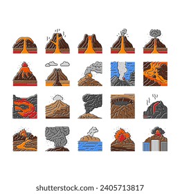 volcano lava eruption nature icons set vector. rock mountain, magma fire, landscape volcanic, hot smoke, disaster explosion, danger volcano lava eruption nature color line illustrations