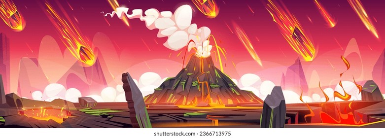 Volcano lava eruption vector cartoon background. Prehistoric volcanic mountain landscape scene with smoke cloud and magma. Wild apocalypse environment with danger vulcano explosion in jurassic age