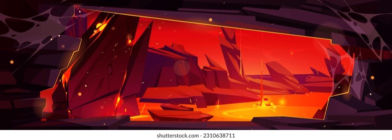 Volcano Lava Hölle Felsen Höhle Blick Fantasy-Spiel Cartoon Hintergrund. mysteriöses und gefährliches Abenteuer-Design von fließend heißem Magma. Bodenriss mit Flussufer mit flüssigem Feuer.