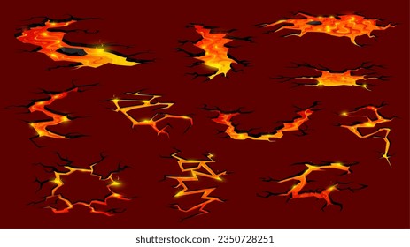 Lava volcánica o grietas de incendios magma. Fisuras sísmicas vectoriales de dibujos animados, vista superior de textura de destrucción de tierras. Flujos de lava fundida creando ríos feroces con calor intenso y fuerza explosiva